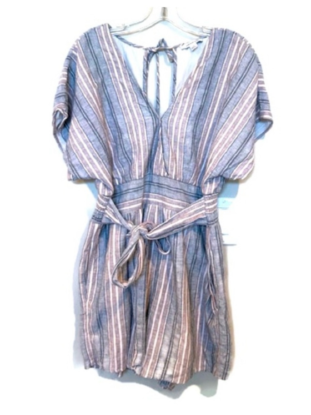 AE Striped V-Neck Romper Linen Cotton Blend Pockets Size Large - Picture 2 of 6